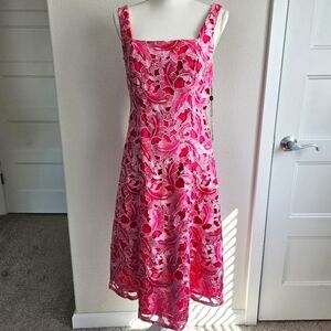 Adrianna Papell Tonal Lace Sleeveless Midi Dress Pockets‎ In Electric Pink Sz 4